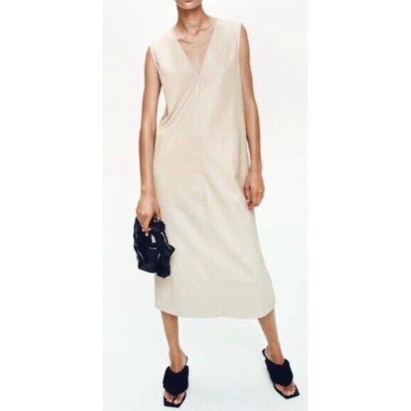 ZARA Ice Faux Leather Tunic Dress Cream Tan Midi Shift Dress Pockets Medium - Picture 2 of 9